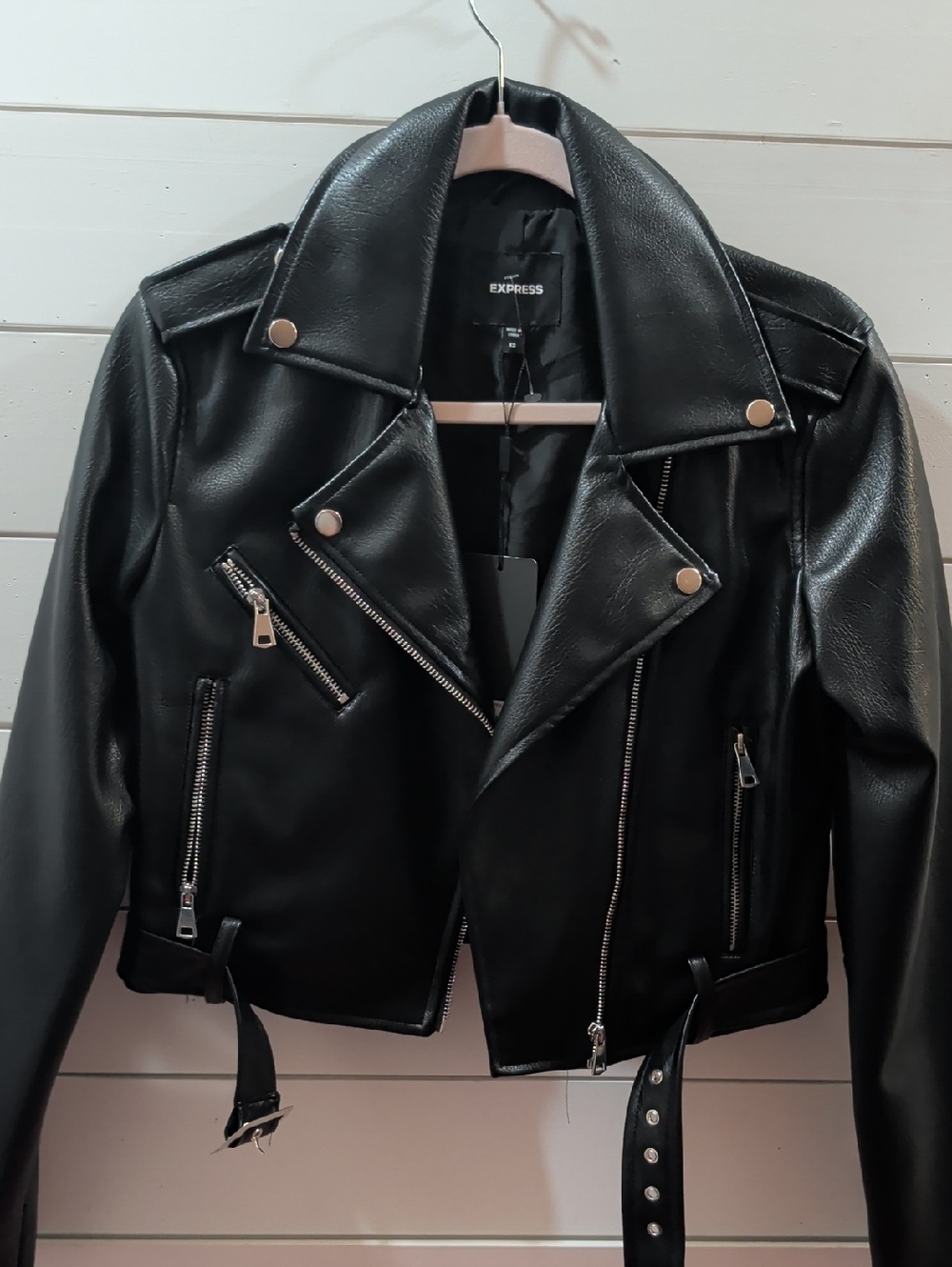 Express Black Faux Leather Moto Jacket with Belt